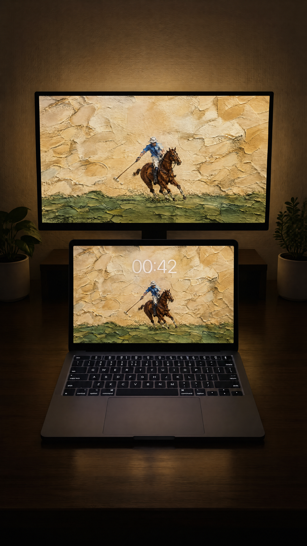 Free equestrian oil paint wallpaper in 4K on a MacBook