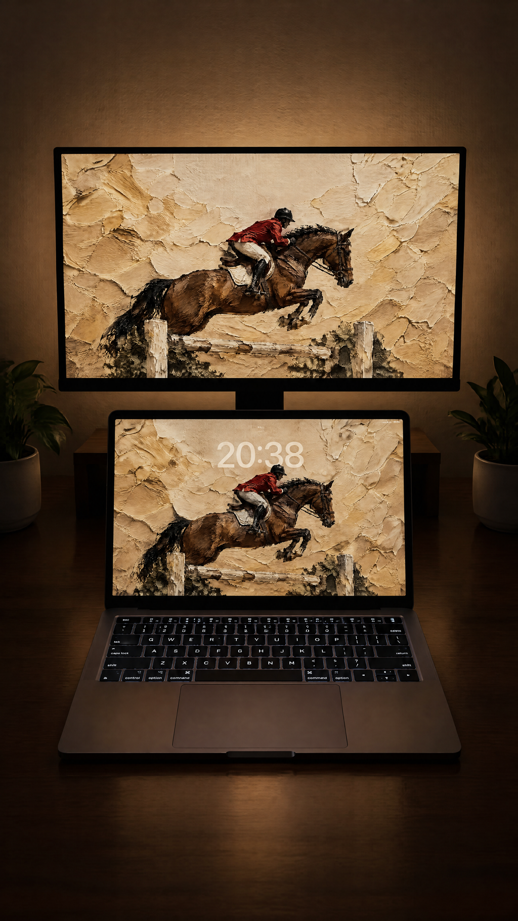 Equestrian oil paint wallpaper in 4K on a MacBook