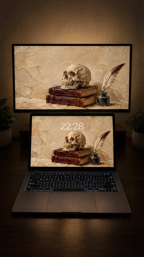 Dark academia oil paint wallpaper in 4K on a MacBook