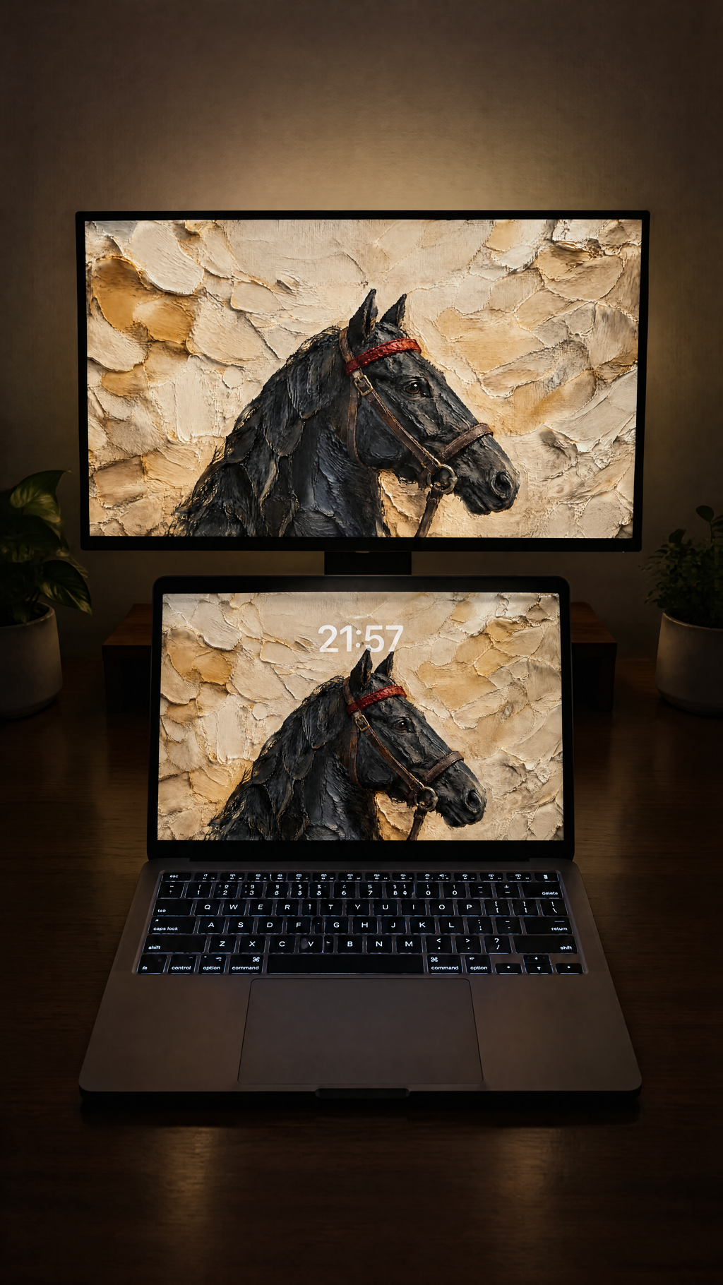 Equestrian oil paint wallpaper in 4K on a MacBook